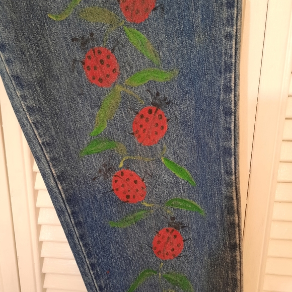 RARE VTG 1980's cotton hi waist pleated boho painted ladybug flor jeans sz 8P *V - Picture 5 of 8